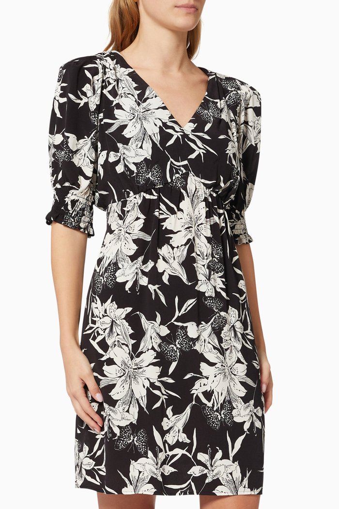 

V Neck Floral Dress in Viscose, Black