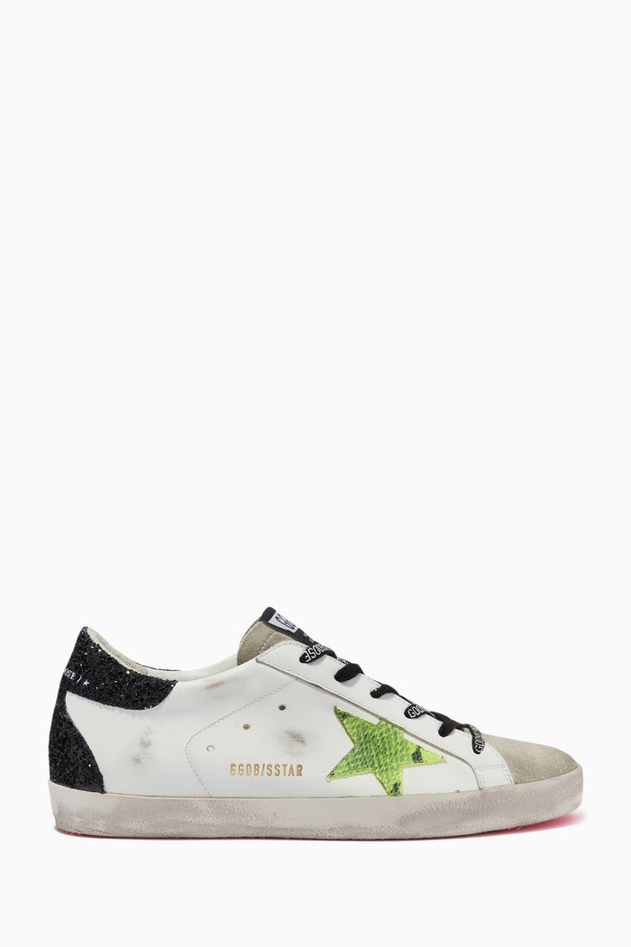 

Super-Star Sneakers with Snake-print Star & Glitter Heel in Leather, White