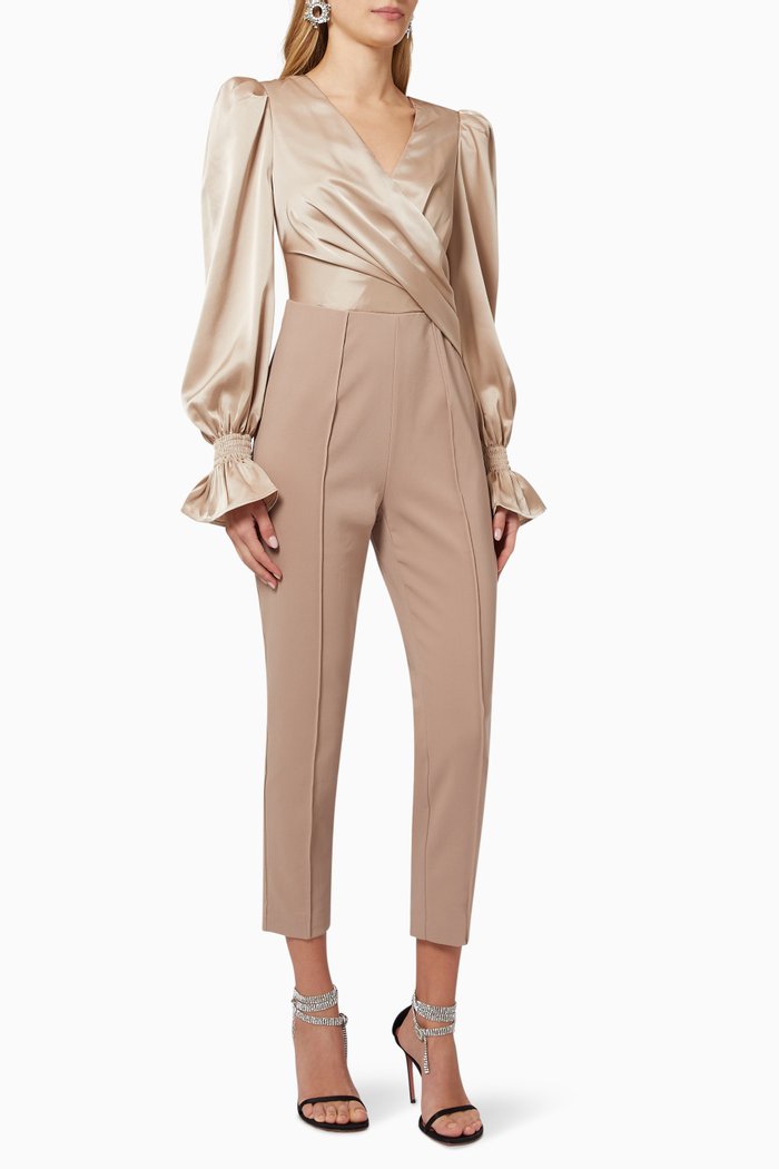 

Tailored Wrap Jumpsuit in Satin Blend, Neutral