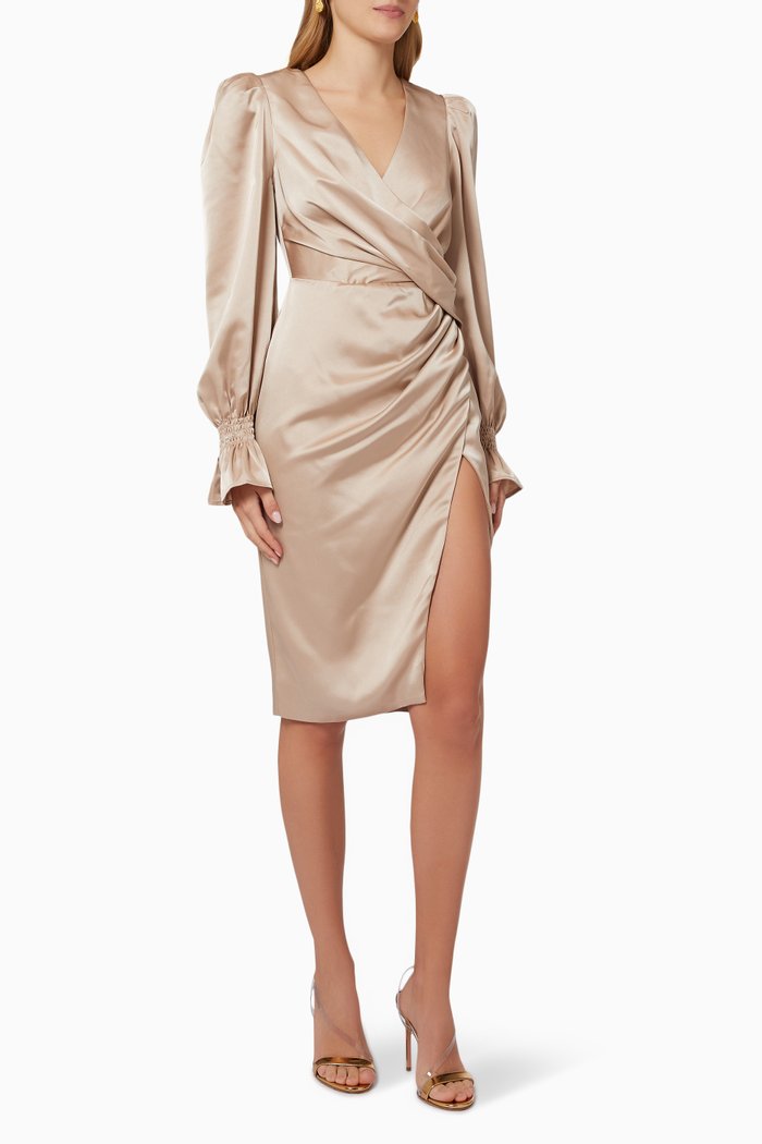 

Wrap Midi Dress in Satin, Neutral