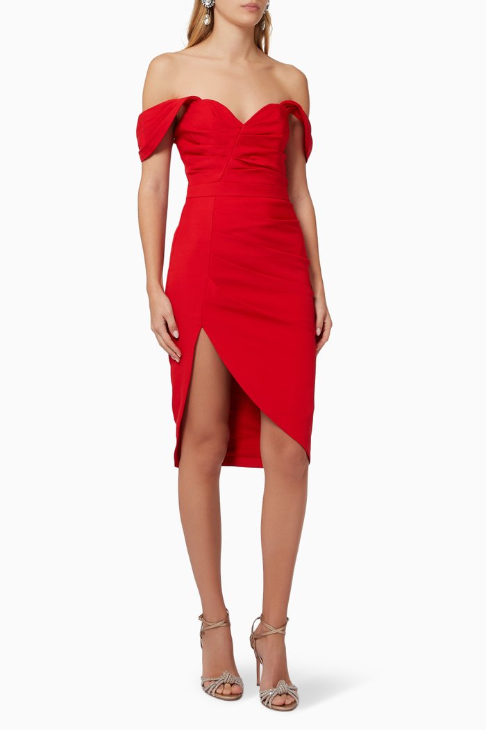 

Pleated Bardot Midi Dress, Red