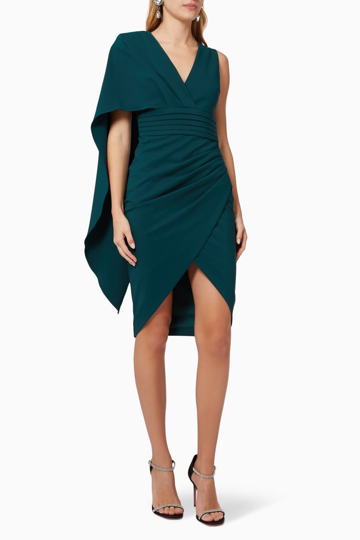 

One Shoulder Pleated Waistband Midi Dress, Green