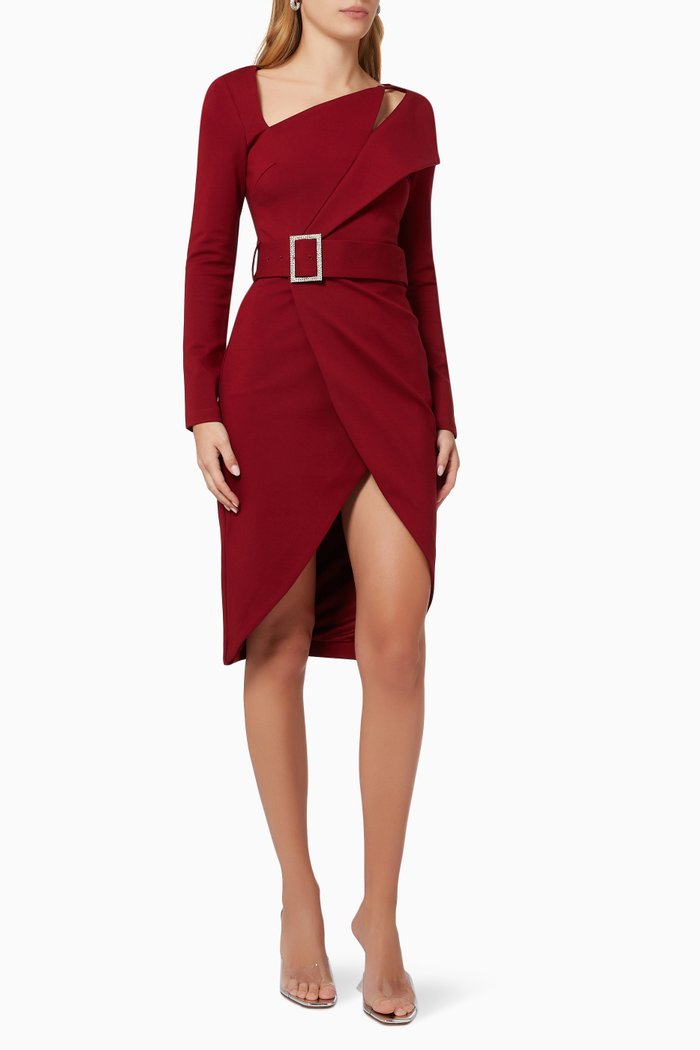

Asymmetric Ponte Midi Dress, Burgundy