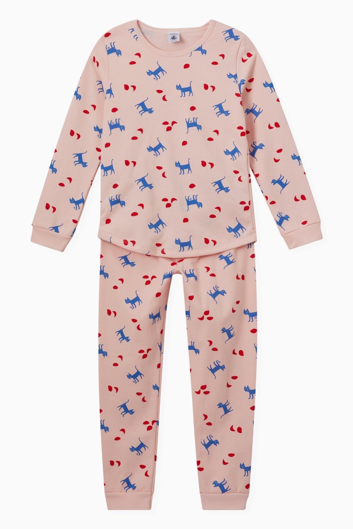 

Cat Printed Pyjama Set in Cotton Fleece, Multicolour
