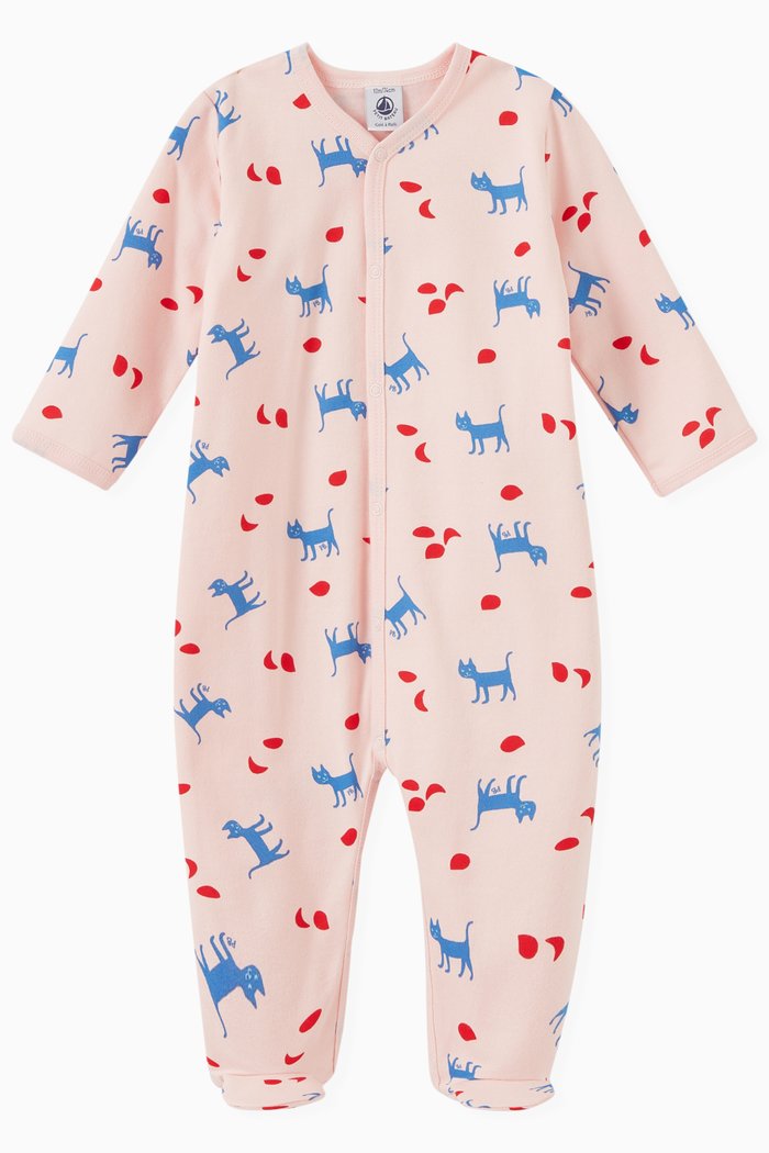 

Cat Print Sleepsuit in Cotton, Pink
