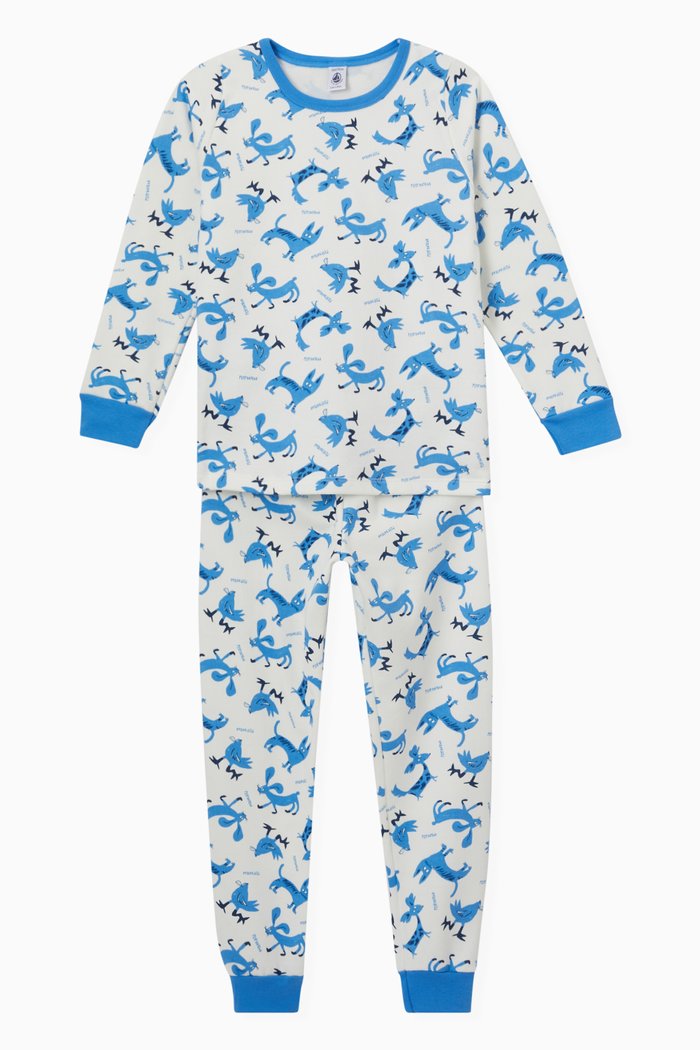 Animals Printed Pyjama Set in Cotton Fleece, Blue