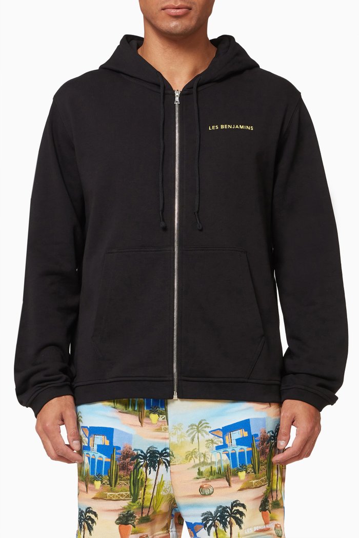 

Graphic Print Hoodie in Cotton, Black