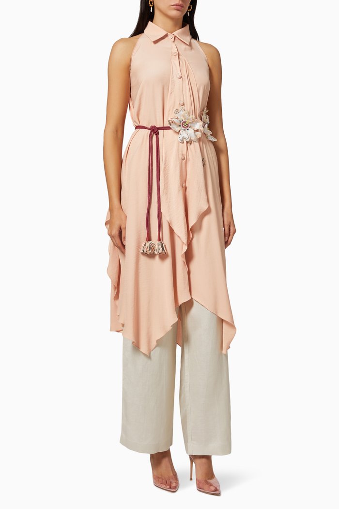 

Floral Embroidered Belt Dress in Cotton and Viscose, Pink