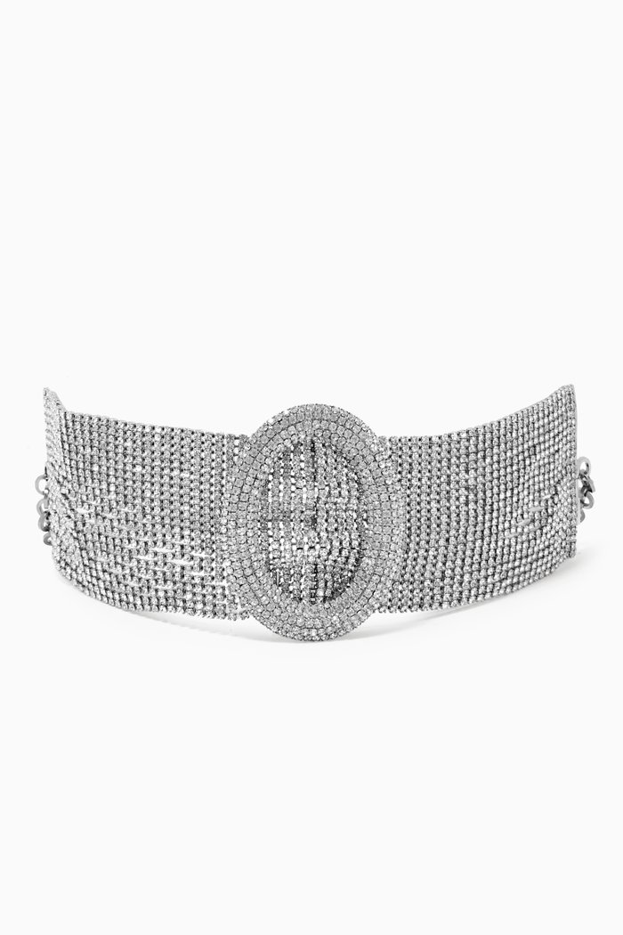 

Oval Buckle Crystal Mesh Choker, Silver