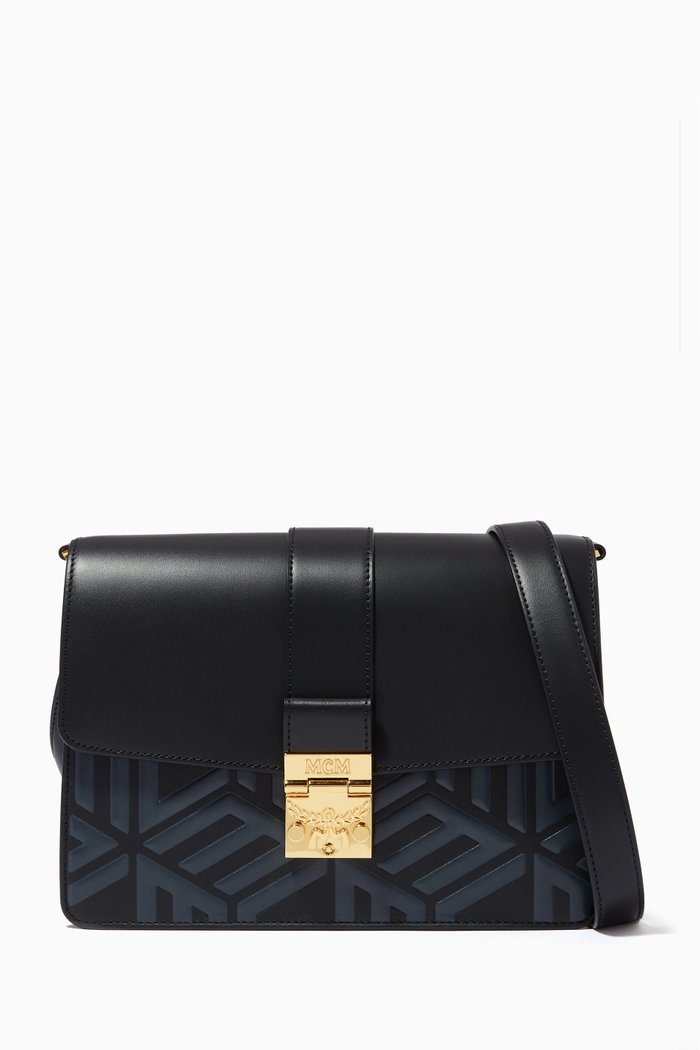 

Medium Tracy Shoulder Bag in Cubic Logo Leather, Black