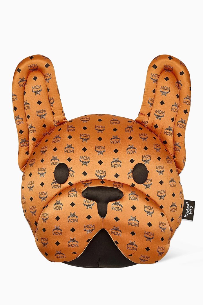 

M Pup Cushion in Silk Satin, Brown