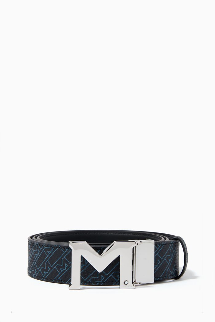 

M Buckle Reversible Belt in Coated Canvas & Leather, 35mm, Blue