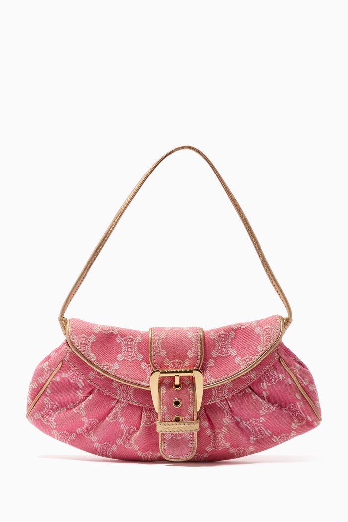 

Shoulder Bag in Logo Embossed Denim, Pink