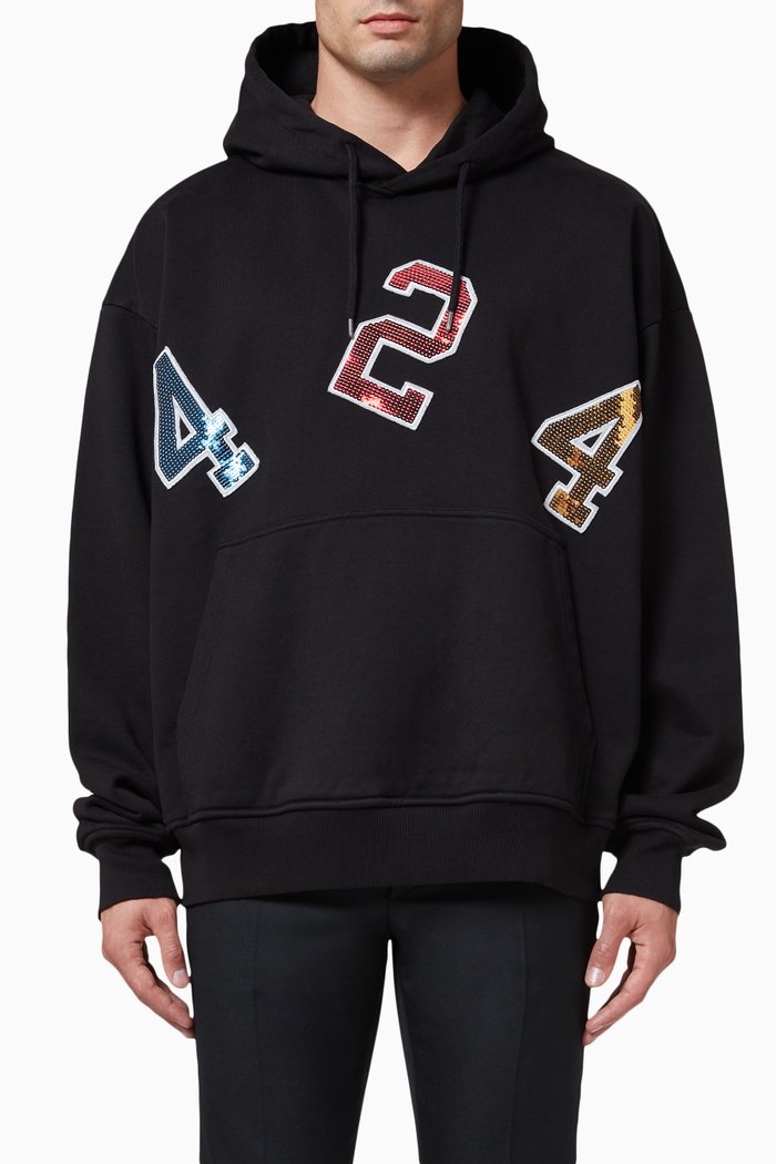 

Sequinned Logo Hoodie in Cotton Terry, Black