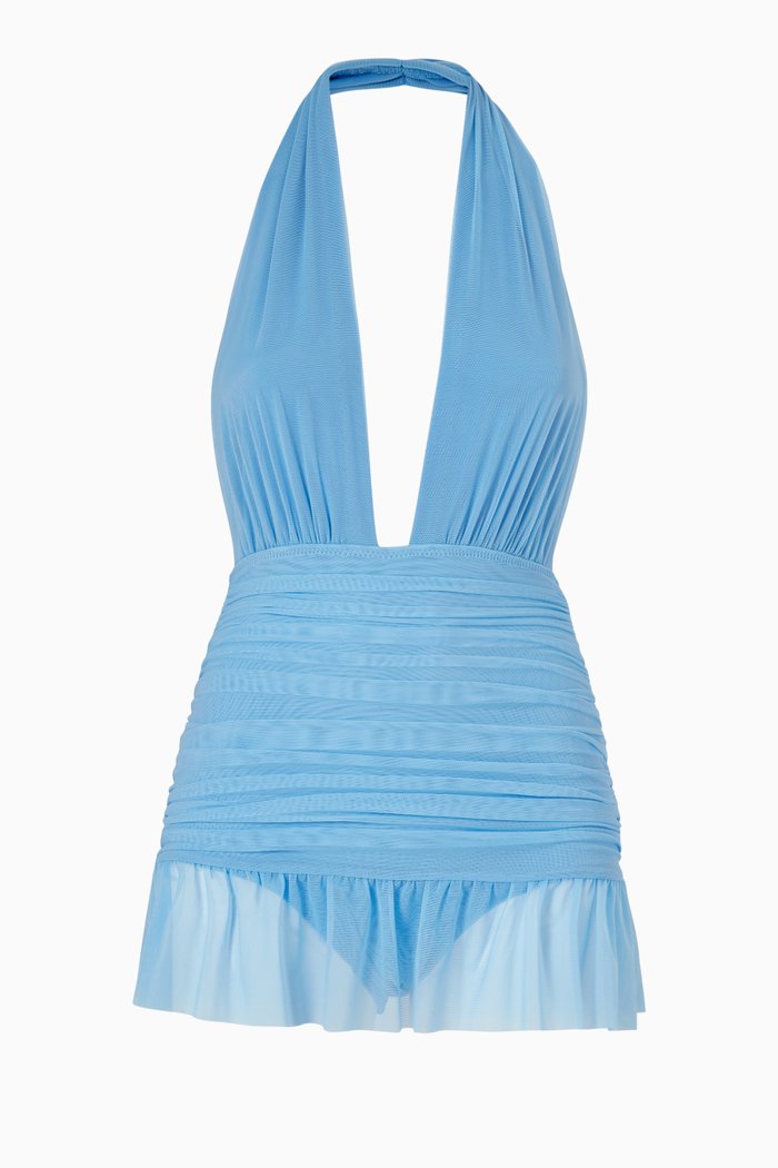

Ruffle Halter Mio Swim Dress in Poly Lycra & Mesh, Blue