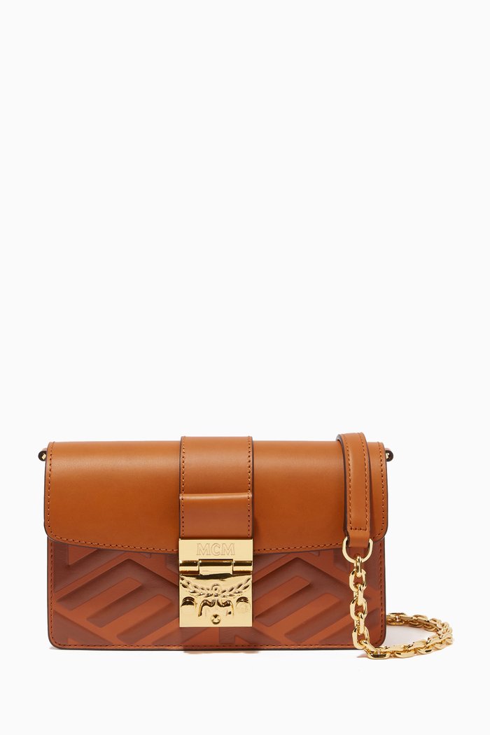 

Mini Gretl Crossbody in Cubic Logo Leather, Brown