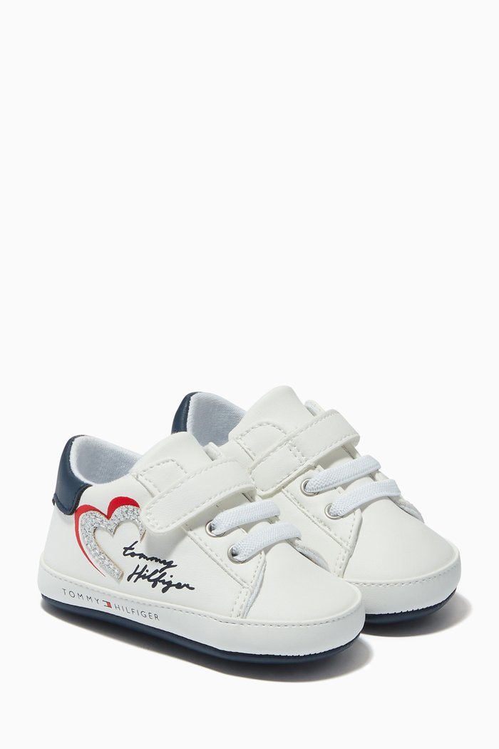

Heart Lace Up Velcro Sneakers in Faux Leather, White