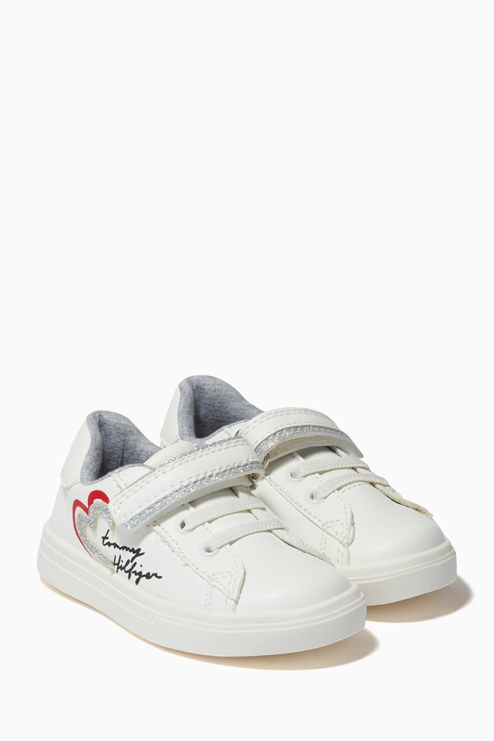 

Heart Lace Up Velcro Sneakers in Faux Leather, White