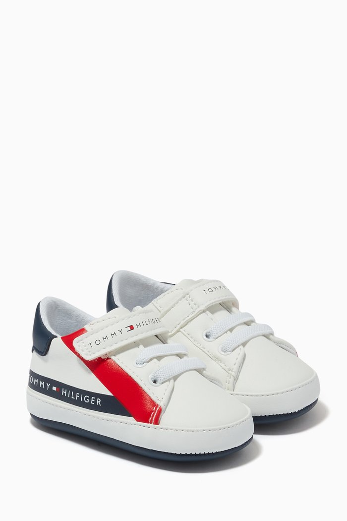 

Striped Velcro Sneaker in Faux Leather, White