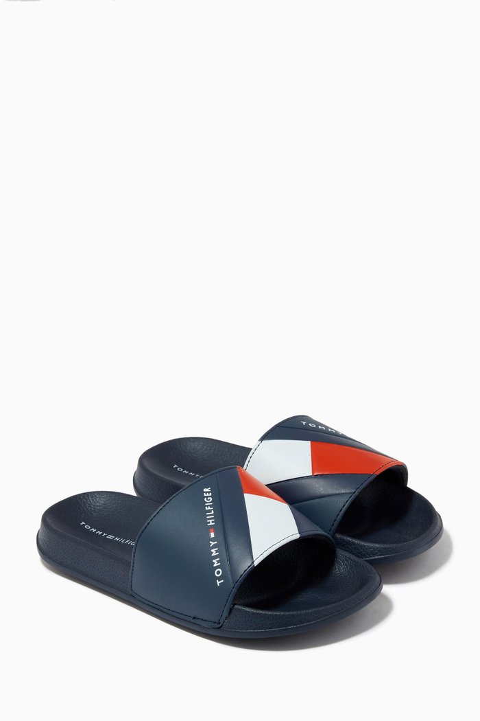 

Angled Logo Flag Print Pool Slides, Blue
