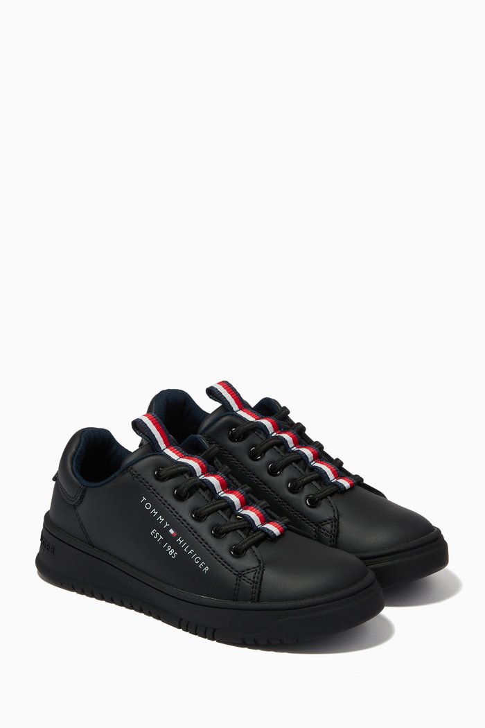 Low Cut Lace-up Sneakers in Faux Leather & Fabric, Black