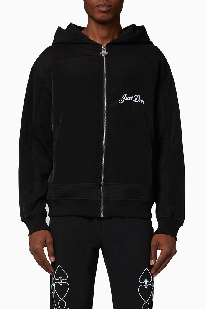 

Embroidered-Logo Zip-Up Hoodie in Cotton, Black