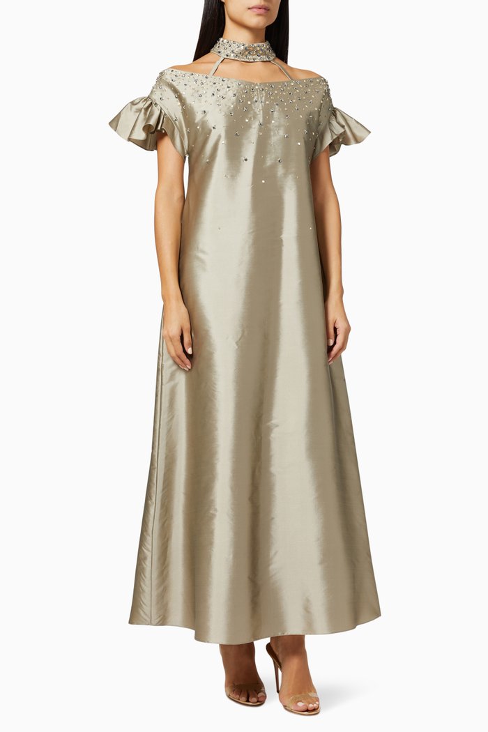 Amber Crystal Embellished Kaftan in Silk, Grey