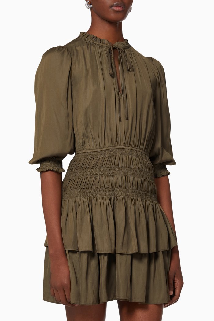 

Smocked Satin Mini Dress, Green