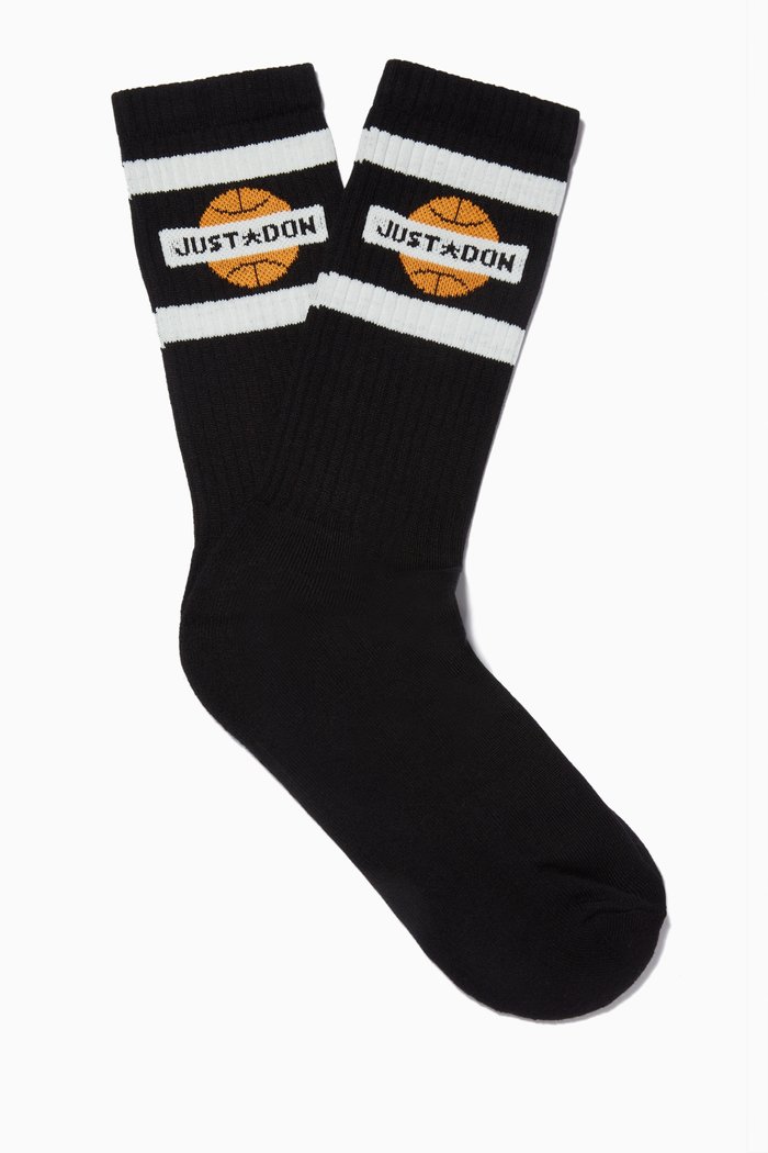 

Basketball Logo Mid Length Socks in Ribbed Cotton, Black