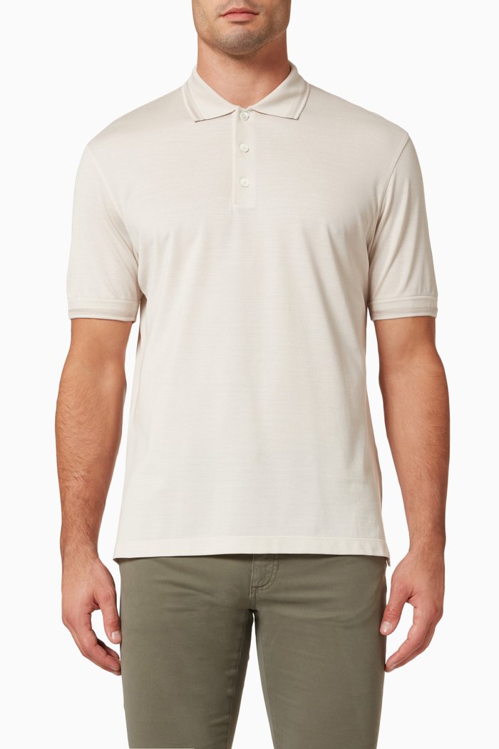 

Contrast Trims Polo Shirt in Silk-blend Piqué, Neutral