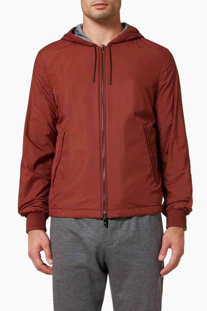 

Breeze Breaker Reversible Short Hooded Jacket in Water-repellent Microfiber, Brown