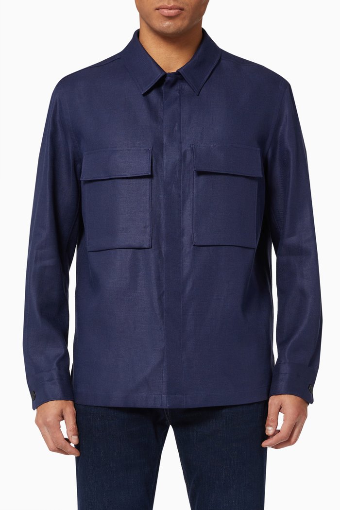 

Double Layer Overshirt in Linen Twill, Blue