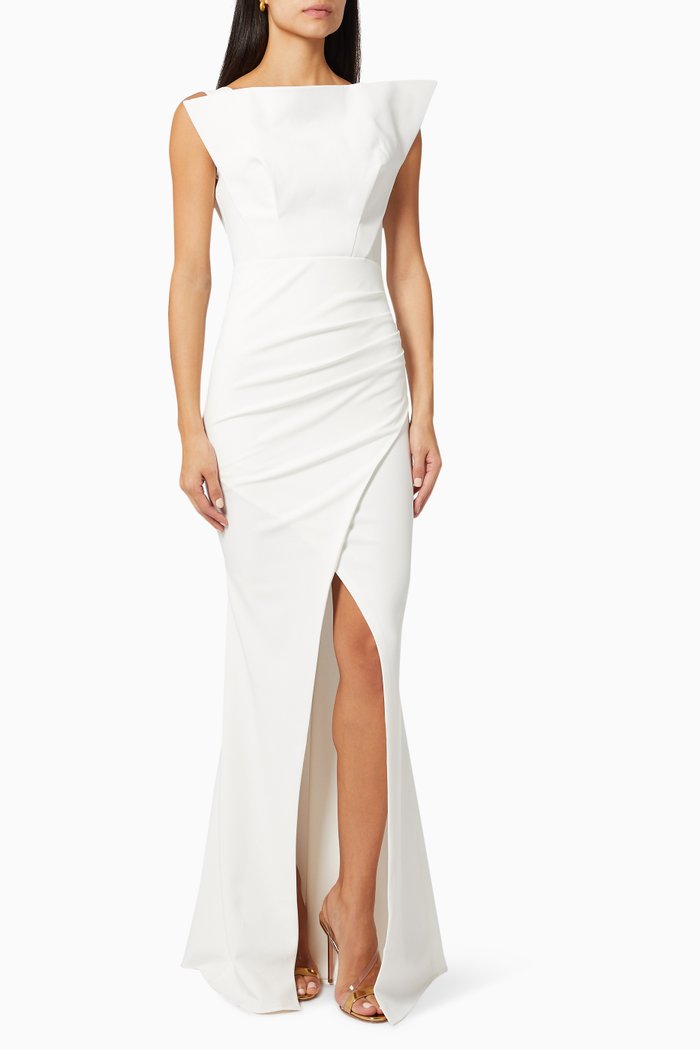 Asymmetrical Neckline Dress in Scuba Crepe, White