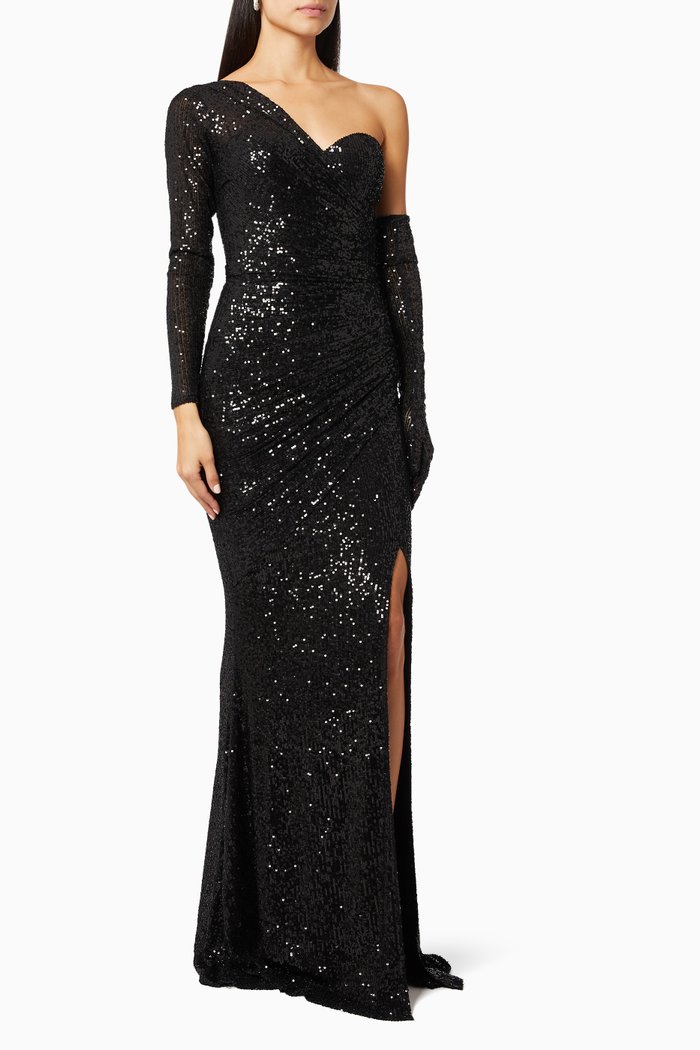 

One Shoulder Dress in Sequins, Black