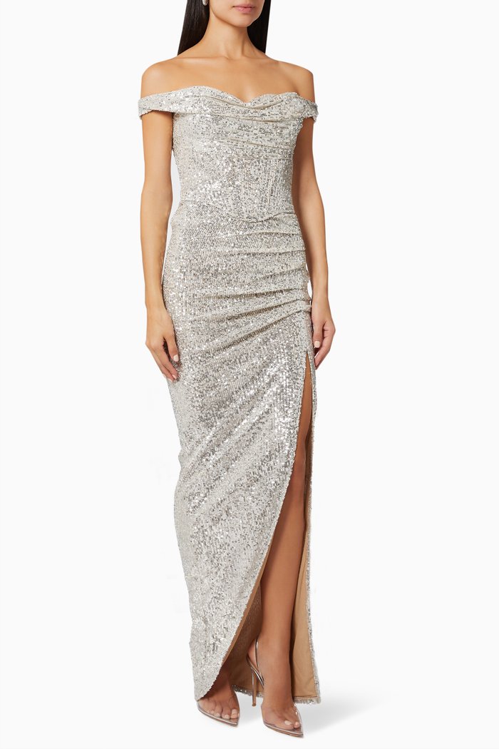 

Off Shoulder Dress in Sequins, Silver
