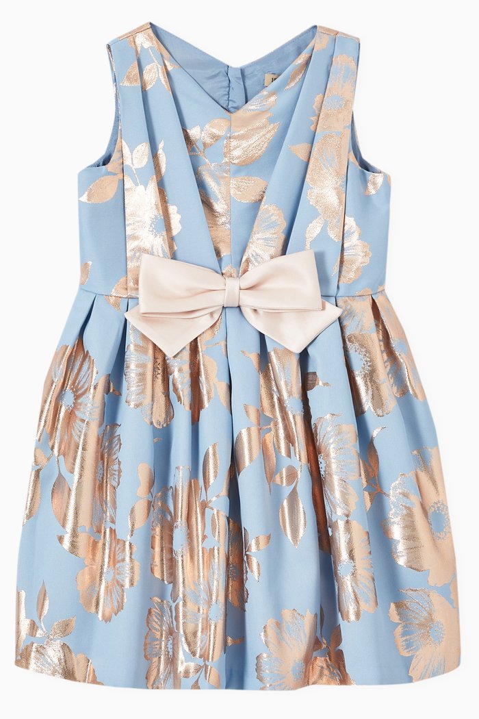 Pleated Bodice Dress in Jacquard, Blue