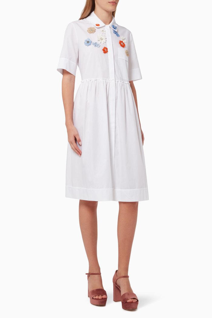 

Floral Embroidred Shirt Dress in Cotton, White