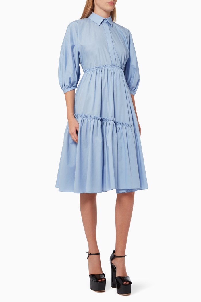 

Puffy Sleeves Ruffle Trim Dress in Mikado Silk, Blue