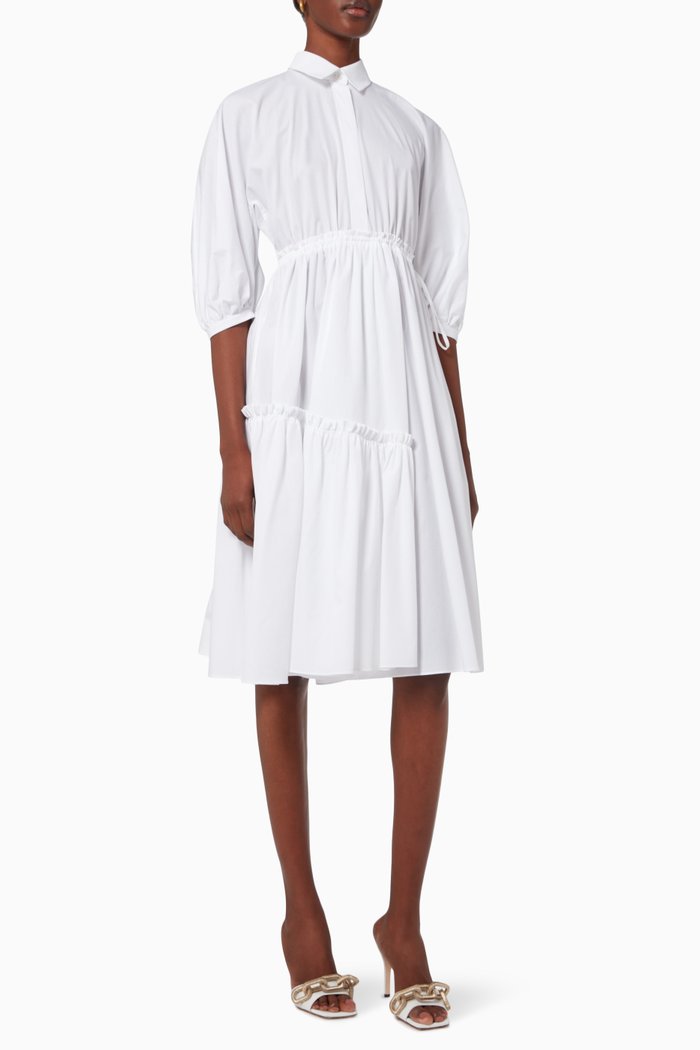 

Puffy Sleeves Ruffle Trim Dress in Mikado Silk, White