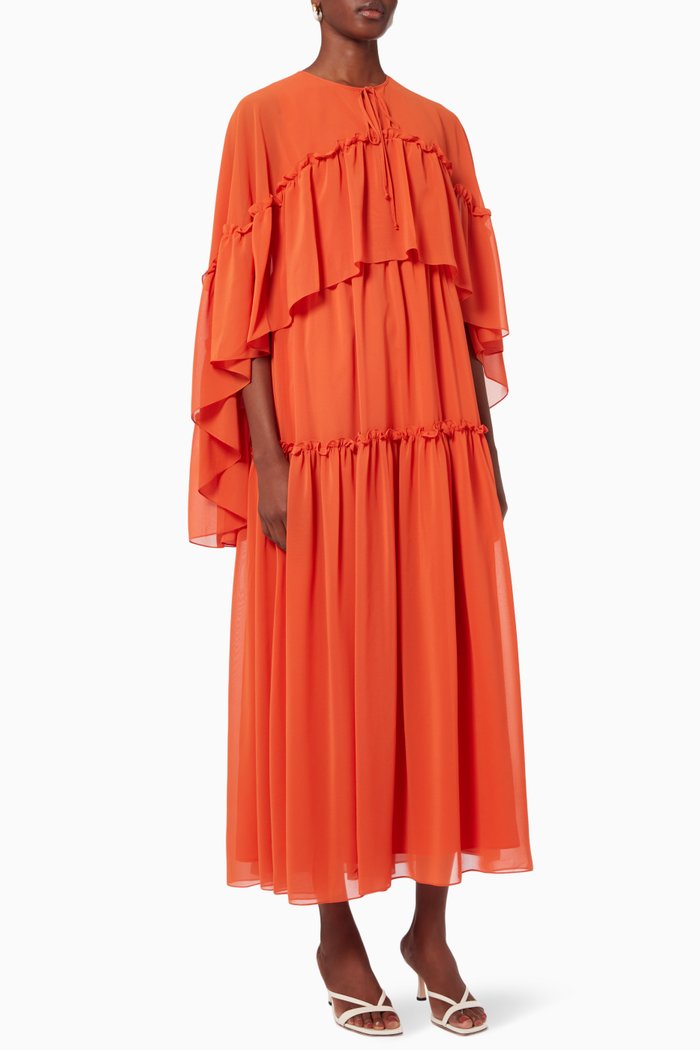 Cascading Tiers Maxi Dress in Crepe, Orange