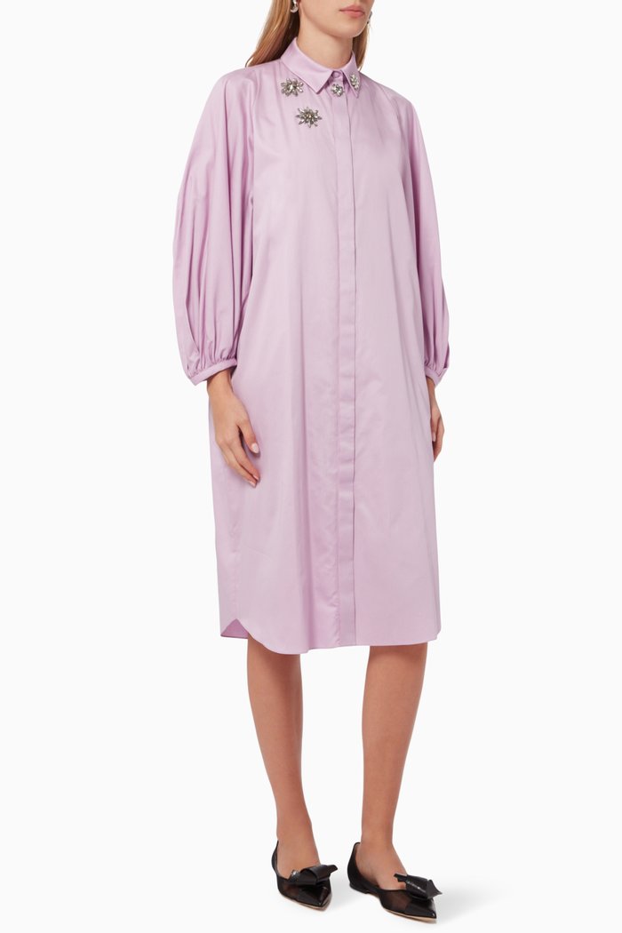 

Floral Embroidered Balloon Sleeves Midi Dress in Cotton, Purple