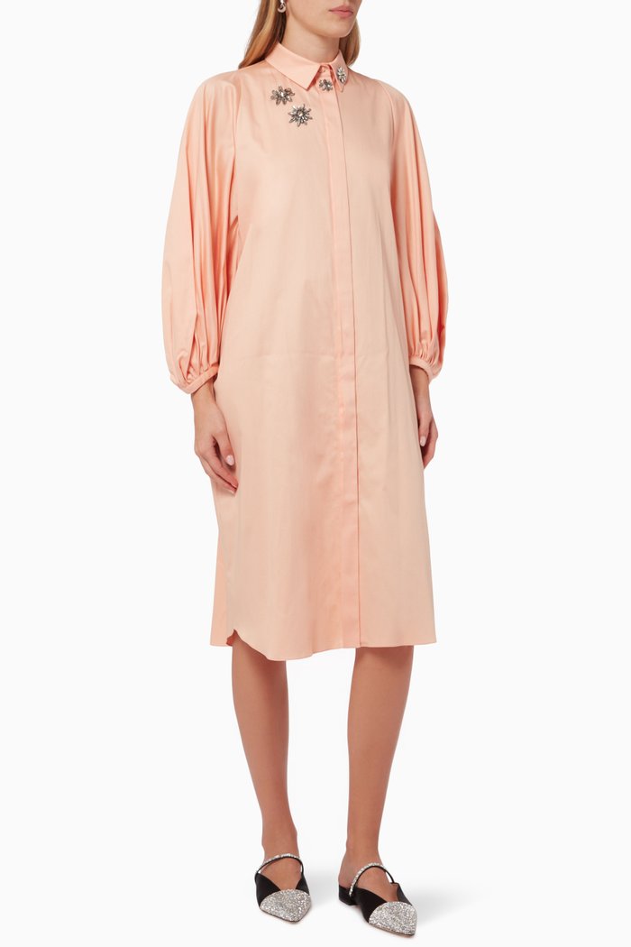 

Floral Embroidered Balloon Sleeves Midi Dress in Cotton, Orange