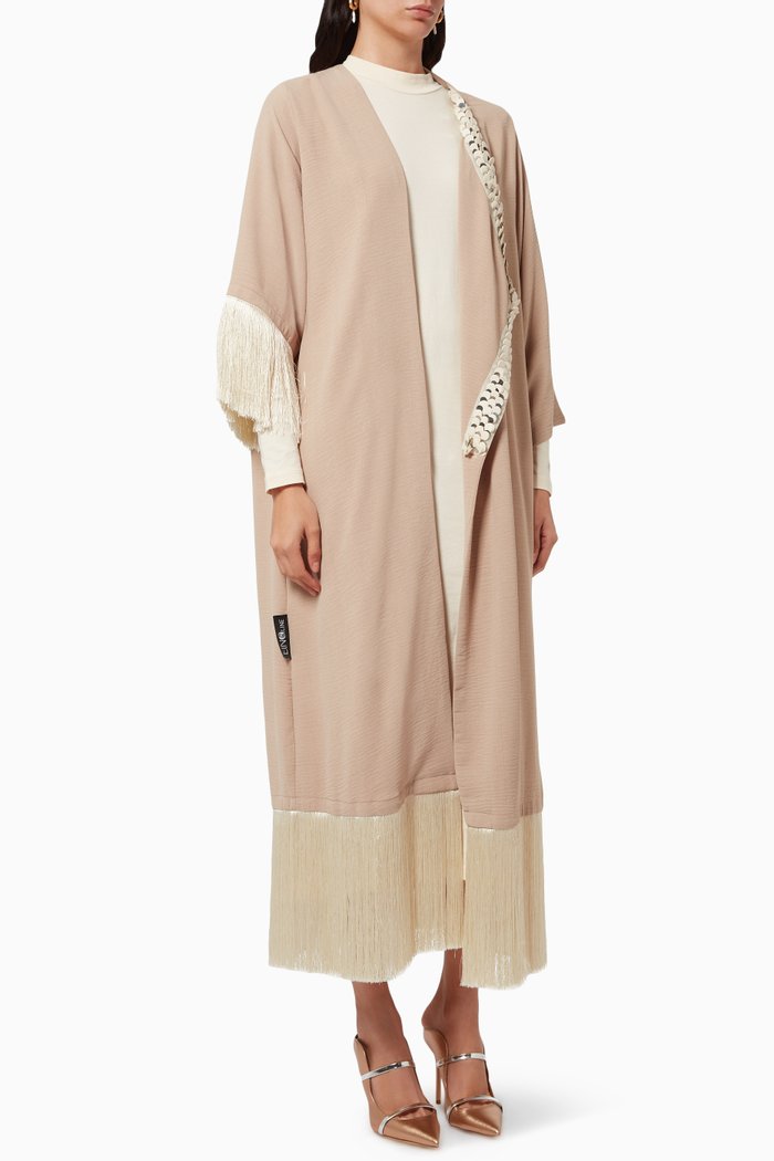 

Embellished Fringes Abaya in Linen, Neutral
