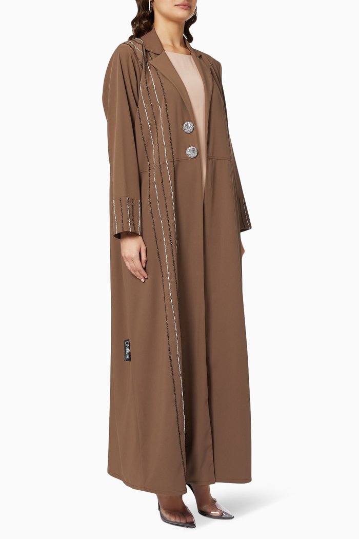 

Embellished Coat Abaya in Raw Silk, Brown