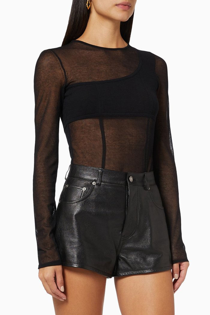 

Feriz Sheer Bodysuit in Knitted Cotton, Black