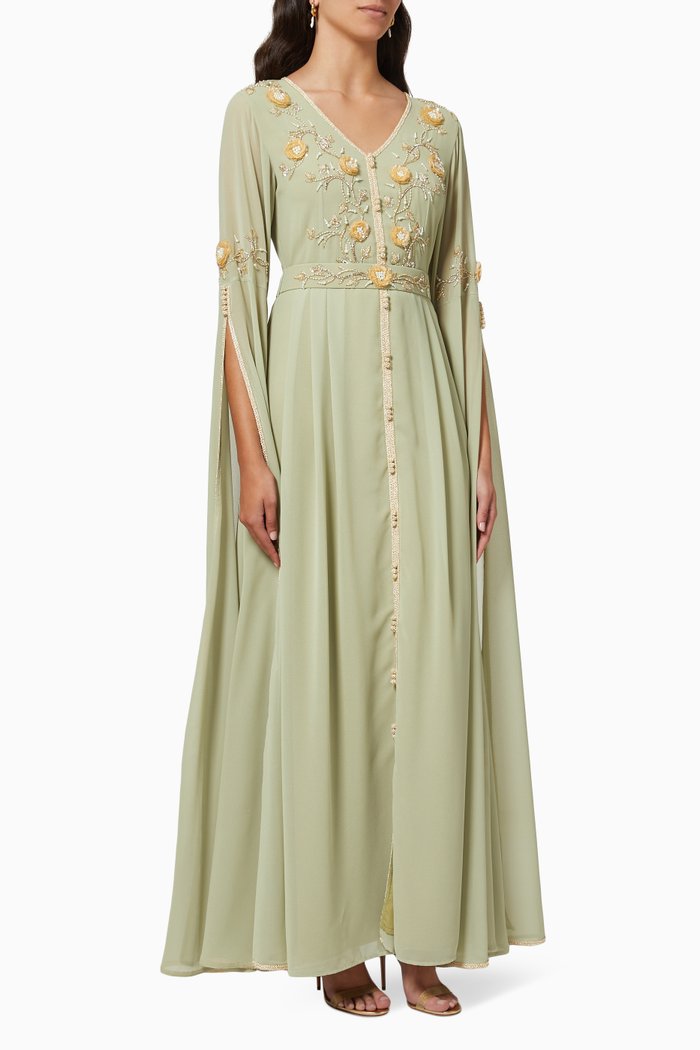 

Moroccan Embellished Kaftan in Crepe, Green