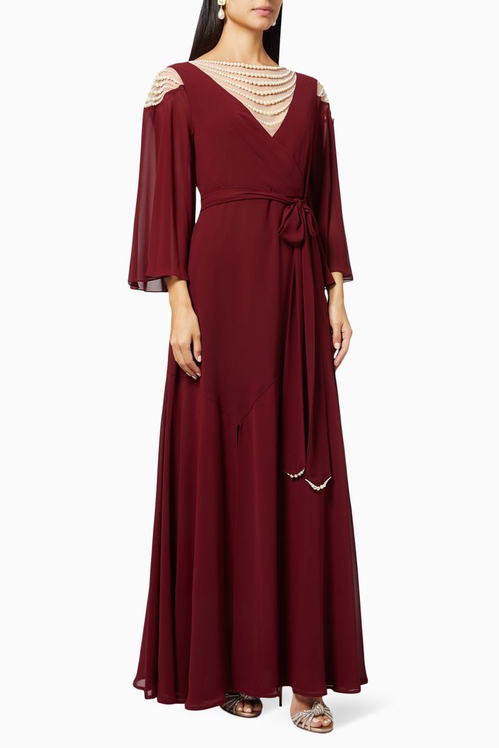

Pearl Embellished Dress in Silk, Burgundy