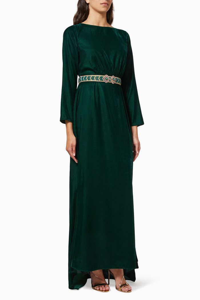 Belted Dress in Velvet, Green