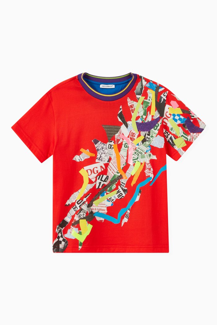 

Newspaper Patchwork Print T-shirt in Cotton Jersey, Red