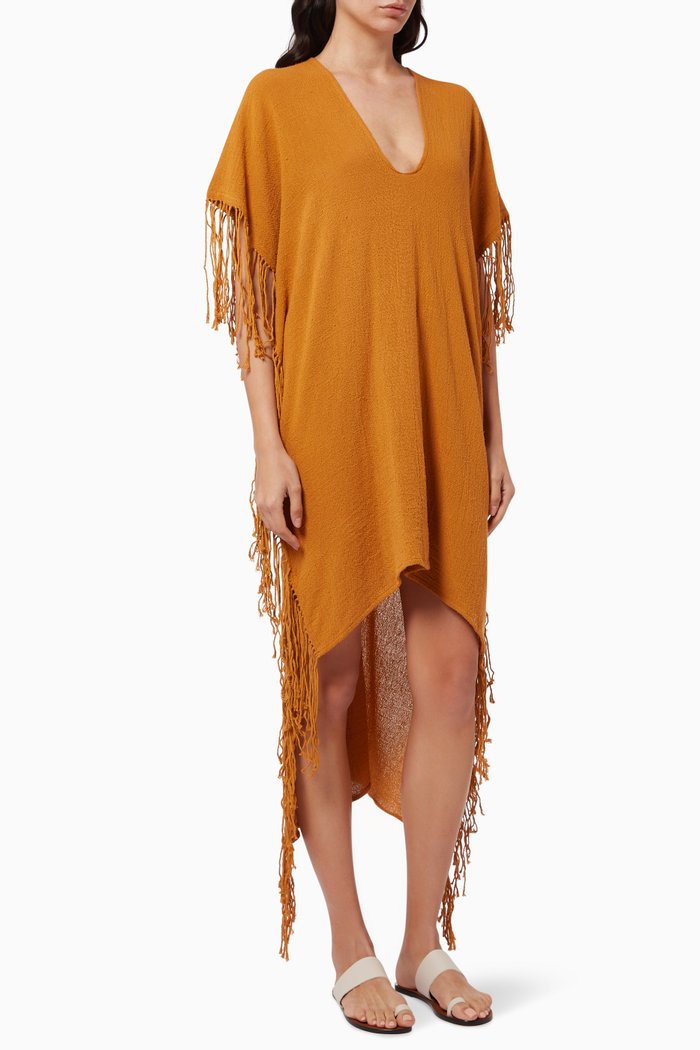 Butub Fringed Dress in Cotton Gauze, Orange